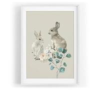 Paul Sinus Tableau mural motif animal deux petits lapins mignons fleurs fleurs romantique couleur adorable motif encadré blanc au format A3
