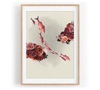 Paul Sinus Tableau mural Poissons, fleurs, roses, art vintage, couleur aquarelle rouge, motif encadré nature en A3