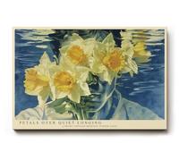 Paul Sinus Tableau mural Portrait poétique de femme avec jonquilles Composition florale surréaliste en bleu et jaune Tableau d'art moderne