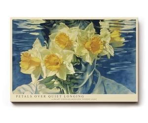 Paul Sinus Tableau mural Portrait poétique de femme avec jonquilles Composition florale surréaliste en bleu et jaune Tableau d'art moderne