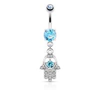 Paula & FRITZ Piercing Nombril en Acier Inoxydable Acier chirurgical 316L Pendentif hamsa main avec Zirconium incolore Rose türkisn14803
