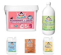 Paulette - Lot Grands Essentiels - Désinfectant Détartrant Dégraissant | Alcool Ménager Citron - Bicarbonate de Soude - Savon de Marseille - Cristaux de Soude - Vinaigre 20° Framboise