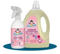 Paulette - Lot Soin du Linge - Détachant Avant-Lavage + Lessive 3L | Lessive parfum Lavande, 60 lavages efficace dès 30°c et Détachant Linge Blanc et Coloré - Ecocert - Fabriqué en France