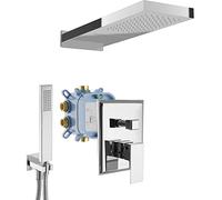 PaulGurkes Ensemble de Douche Encastré avec Douche de Tête Effet Pluie et Cascade, Design Carré, Laiton Chromé, Douche à Main, Montage Mural