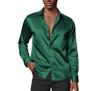 PaulJones Chemise à manches longues en soie scintillante pour homme - Sans repassage - Avec nœud papillon, vert foncé, S