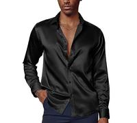 PaulJones Chemise d'affaires, à manches longues, infroissable, en satin, pour fête, mariage, avec nœud papillon assorti, Noir , XL