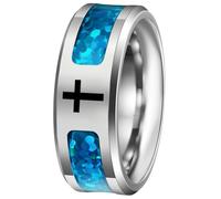 PAURO Acier Inoxydable Scintillant Incrustation Poli Bagues pour Homme Femme Statement Confort Aisance Port Quotidien Bande Mariage Religieux Foi Bijoux Argent Bleu avec Croix Taille 62