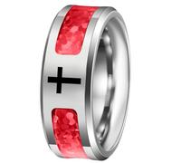 PAURO Acier Inoxydable Scintillant Incrustation Poli Bagues pour Homme Femme Statement Confort Aisance Port Quotidien Bande Mariage Religieux Foi Bijoux Argent Rouge avec Croix Taille 68