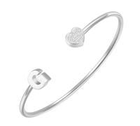 PAURO CZ Cœur Initiale Ouvert Manchette Bracelets pour Femme | Bracelet Rigide Ajustable avec Lettre en Acier Inoxydable et Zircone Cubique, Bijou Créatif Personnalisé avec Alphabet