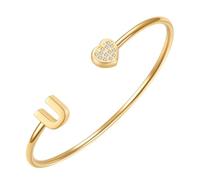 PAURO CZ Cœur Initiale Ouvert Manchette Bracelets pour Femme | Bracelet Rigide Ajustable avec Lettre en Acier Inoxydable et Zircone Cubique, Bijou Créatif Personnalisé avec Alphabet