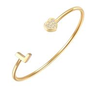 PAURO CZ Cœur Initiale Ouvert Manchette Bracelets pour Femme | Bracelet Rigide Ajustable avec Lettre en Acier Inoxydable et Zircone Cubique, Bijou Créatif Personnalisé avec Alphabet