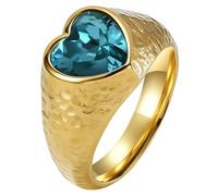 PAURO Femme Acier Inoxydable Cœur Zircone Cubique Bagues Chevalière Statement Élégant Martelé Texture Amour Bijoux Cadeau Or Bleu Taille 52