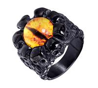 PAURO Homme Acier Inoxydable Bague Mauvais Œil Ancien Noir Punk Crâne Fantôme Tête en Argent avec Pierre Noir Jaune Taille 54