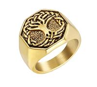 PAURO Homme Acier Inoxydable Bague Unique Hexagone Arbre de La Vie Chevalière Style Vintage Or Noir Taille 54
