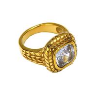 PAURO Homme Femme Acier Inoxydable Bague de Mariage Personnalisée Rétro Punk avec Pierres Précieuses Carrées Blanc Or Taille 57