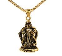 PAURO Homme Ganesha Éléphant Dieu du Succès Chanceux Pendentif Collier Ancien Or Noir