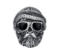 PAURO Hommes Acier Inoxydable Hip Hop Rétro Punk Tendance Lunettes de Soleil Noires Chapeau en Tricot Grand-père Barbu Bague Argent Taille 72