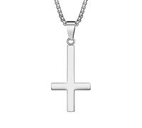 PAURO Hommes Acier Inoxydable Inversé Collier Croix à l'envers Pendentif breloque avec chaîne de 24 Pouces en Argent Poli Petit