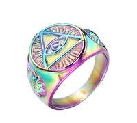 PAURO Hommes Bague Oeil de Providence Triangle Tout Voyant en Acier Inoxydable Taille Arc-en-Ciel 60