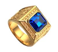 PAURO Hommes En Acier Inoxydable Vintage Golden Square Anneau Chinois Style Domination Dragon Avec Grande Pierre Bleue Taille 60