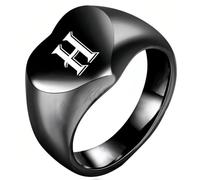 PAURO Hommes et Femmes Acier Inoxydable 12MM Simple Coeur Surface Lisse Gravure De 26 Anglais Lettres Bague Noir H Taille 50
