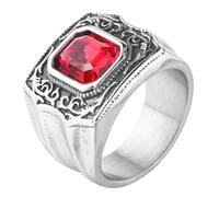 PAURO Hommes et Femmes Acier Inoxydable Classique Vintage Gothique Punk Cubique Rouge Zirconium Bague Argent Taille 57