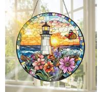 Pavemlo Phare Attrape-Soleil en Vitrail, Décoration De Fenêtre Suspendue Fleurs Attrape-Soleil Artisanal, Idéal pour Décorer Un Jardin, L'intérieur Ou L'extérieur, Cadeau De Noël 20 X 20 cm