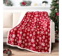 PAVILIA Couverture de Noël Sherpa de qualité supérieure | Décoration Flocon de Neige Rouge, Polaire, Peluche, Chaude, Confortable, réversible, en Microfibre, 127 x 152,4 cm