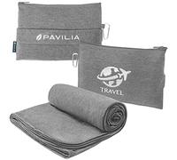 PAVILIA Couverture de voyage compacte, sac pliable en polaire douce, ensemble de coussins portables en avion, voyage en avion, accessoires cadeaux essentiels de voyage, sangle de bagage, clip pour sac
