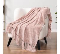PAVILIA Couverture en Chenille Rose pâle avec Franges à Pompons pour canapé, lit, Salon, Cadeau décoratif, 127 x 152,4 cm