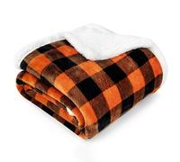 PAVILIA Couverture polaire à carreaux sherpa, noir et orange pour canapé - Couverture et jetés d'Halloween en flanelle douce et pelucheuse pour canapé-lit, couverture d'hiver chaude et confortable,