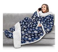 PAVILIA Couverture sherpa avec manches et poches de pieds pour adulte, couverture épaisse à enfiler, robe en polaire chaude et douillette, cadeau pour épouse, maman, motif flocon de neige bleu