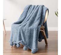 PAVILIA Couverture Sherpa Bleu poussiéreux avec Franges à Pompons Douces, Couverture pelucheuse et Chaude pour canapé-lit, Sofa, jeté en Polaire pelucheuse avec Pompon, léger et Moelleux, Bleu, 127 x