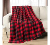 PAVILIA Couverture sherpa pour canapé et sofa - Couverture en peluche chaude et moelleuse à carreaux noirs et rouges pour lit une place, confortable, super douce, légère, couverture décorative