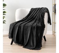 PAVILIA Jeté de lit Noir à Pompons pour canapé-lit, jeté en Polaire Douce, pelucheuse, Confortable et légère à Franges à Pompons de Style bohème, décoration d'intérieur, Cadeau, Noir uni foncé, 127 x