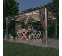 Pavillon avec rideaux & guirlande lumineuse LED 400x300 cm Taupe Alu