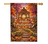 Pavillon de bienvenue saisonnier d'automne 71,1 x 101,6 cm | Chemin de pierre, drapeau de pelouse, corne d'abondance, citrouilles d'automne, guirlandes lumineuses lumineuses