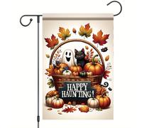 Pavillon de jardin Chat noir à poil court, panier de citrouilles, joyeux | Halloween Petit Pavillon Festivités 12x18in Léger Bannière personnalisée Résistant Aux Intempéries bannière Balcon