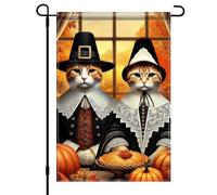 Pavillon de jardin Chat pèlerin, citrouille, ambiance automnale | chaleureuse, Thanksgiving Bannière de jardin Célébrations 12x18in Double Face Drapeau Double Face Résistant Aux
