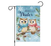 Pavillon de jardin Chouette des neiges Oiseau Bonjour Hiver Bienvenue | Petite bannière Balcon 12x18in Résistant Aux Intempéries Drapeau de jardin Couleur Vive Drapeau Double Face Garden