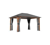Outsunny Tonnelle de Jardin extérieur 4 x 3 m pavillon de Jardin avec Toit Rigide en métal galvanisé, Structure en Aluminium, Rideaux et moustiquaires, Gris et Marron