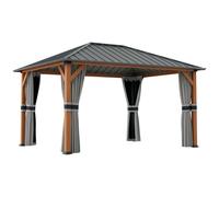 Pavillon De Jardin Structure Alu Aspect Bois Toit Rigide Métal Galvanisé Rideaux Moustiquaires