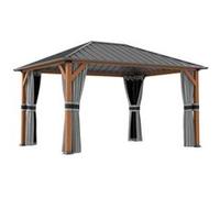 Pavillon de jardin structure alu aspect bois toit rigide métal galvanisé rideaux moustiquaires Gris G
