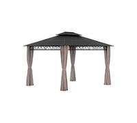 Pavillon de jardin tonnelle rigide dim. 3,6L x 3l x 2,78H m rideaux latéraux anti-UV structure gris toit polycarbonate noir