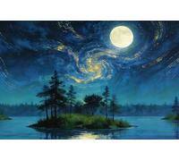 Pavillon Île musicale aux arbres en forme de guitare par une nuit de lune