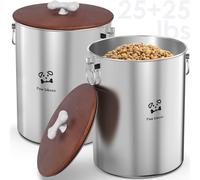 Paw Libero Lot de 2 boîtes de conservation en acier inoxydable pour chien avec couvercle hermétique en bois et poignée en os en céramique, grande poubelle en métal pour chiens et chats, garde fraîche