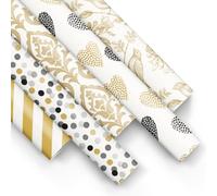 PAW - Papier Cadeau 200x70cm - 5 rouleaux | Mélange de 5 motifs | Emballage Cadeau élégant pour anniversaires, mariages, baby showers, fêtes et cadeaux - Motifs noirs et dorés