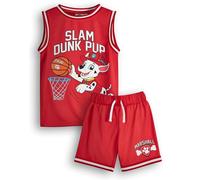 Paw Patrol Boys Marshall Ensemble maillot et short de basket-ball | Tenue de sport complète en deux pièces Slam Dunk Pup pour enfants en Rouge | Ensemble assorti de vêtements de sport pour enfants