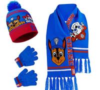 Paw Patrol Ensemble d'Accessoires d'Hiver Garçon, Bonnet, Écharpe et Gants - Cadeau Enfant (Bleu/Rouge)