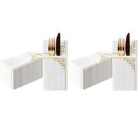 PAW - Serviette de Table Papier - Airlaid (1/8 pocket) I 25 Pièces I Idéal pour Mariage, Baptême, Communion, Anniversaire I Serviettes en Tissu de Décoration de Table I Cadre Élégant Doré (Lot de 2)